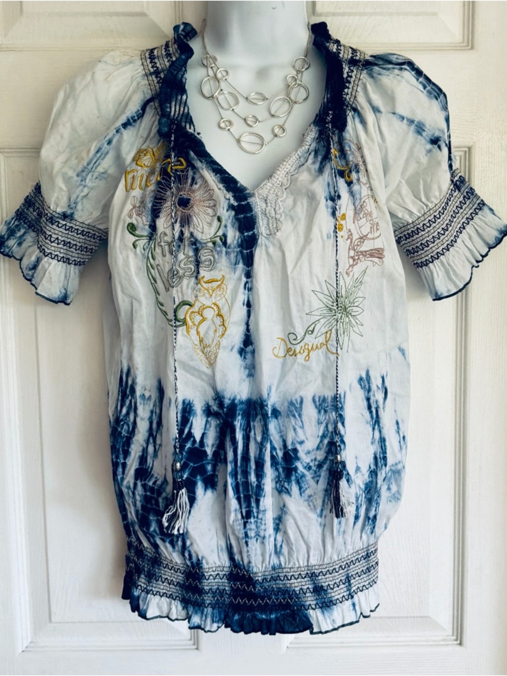 DESIGUAL… Tie-Dye Embroidered Peasant Top